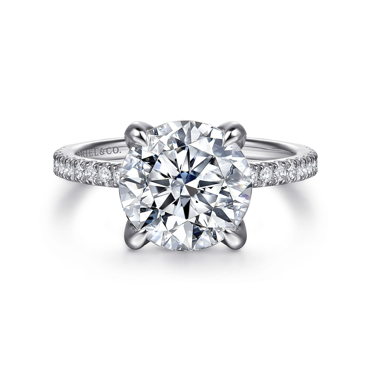 14K White Gold Round Diamond Engagement Ring — Gabriel & Co. ER16794R12W44JJ; center stone shown for illustration, not included