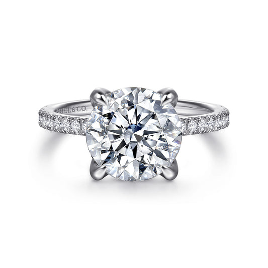 14K White Gold Round Diamond Engagement Ring — Gabriel & Co. ER16794R12W44JJ; center stone shown for illustration, not included