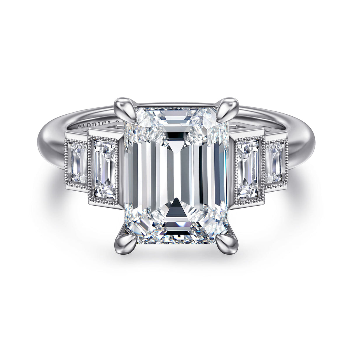 14K White Gold Emerald Cut Diamond Engagement Ring — Gabriel & Co. ER16852E16W43JJ; center stone shown for illustration, not included