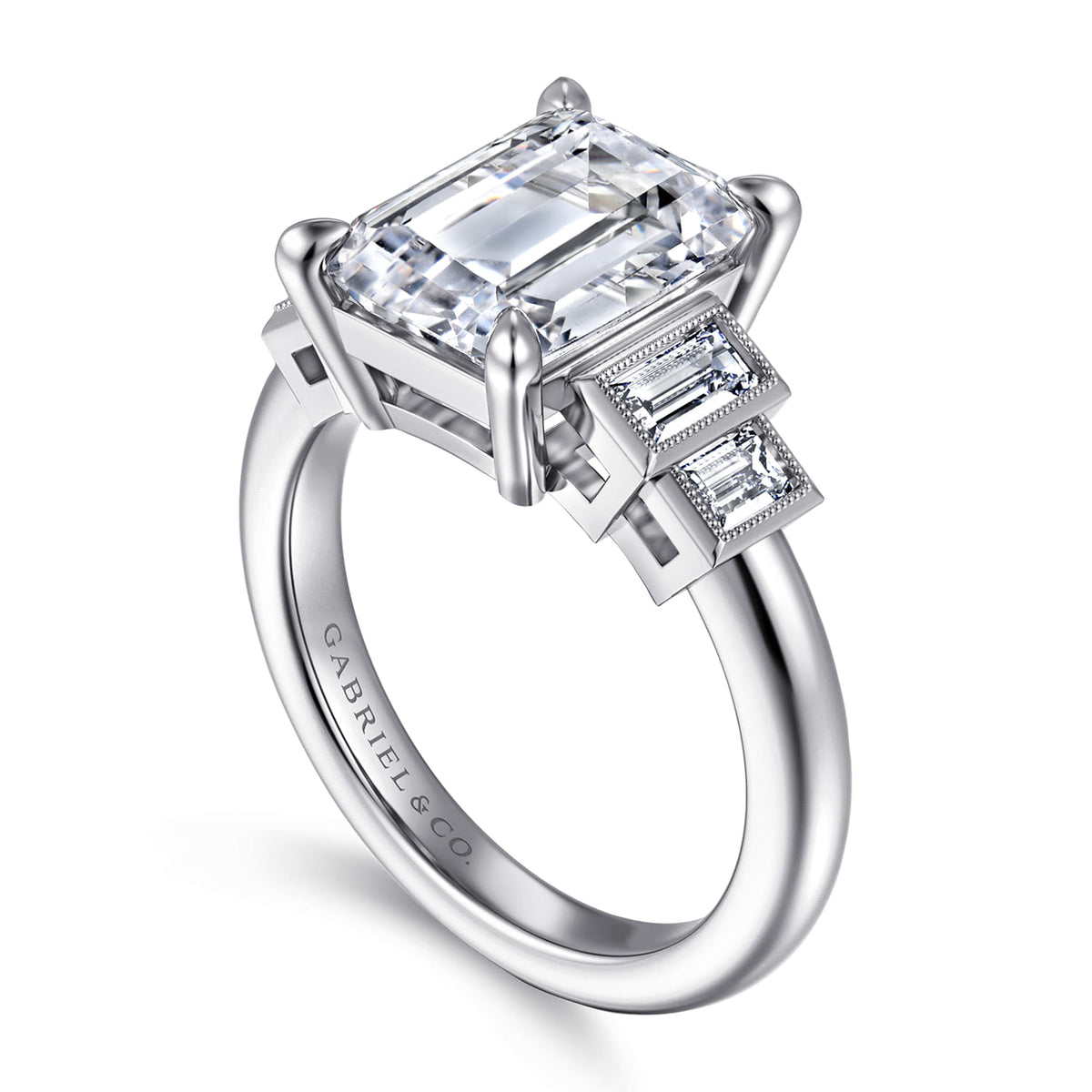 14K White Gold Emerald Cut Diamond Engagement Ring — Gabriel & Co. ER16852E16W43JJ; center stone shown for illustration, not included