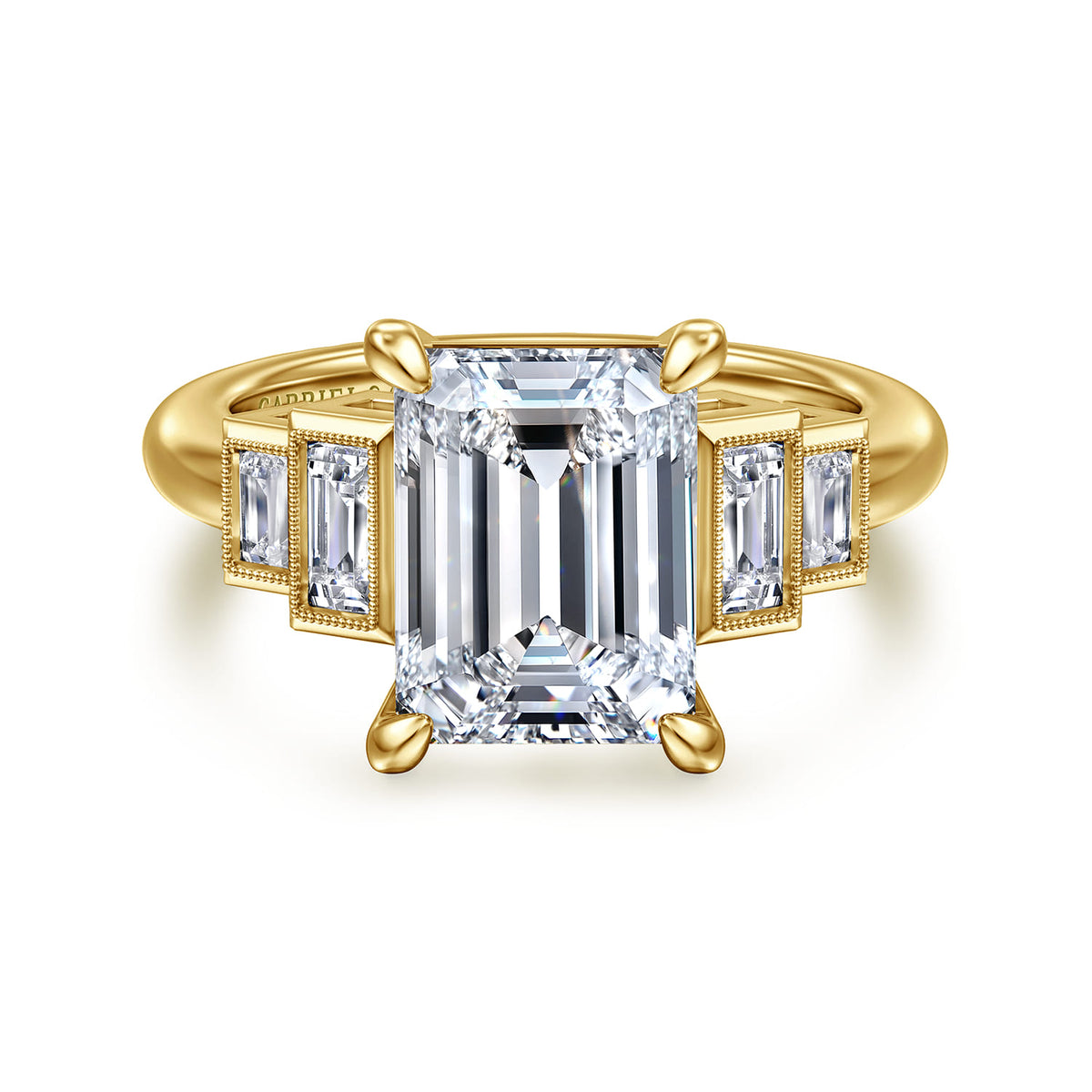 14K Yellow Gold Emerald Cut Five Stone Diamond Engagement Ring — Gabriel & Co. ER16852E16Y43JJ; center stone shown for illustration, not included