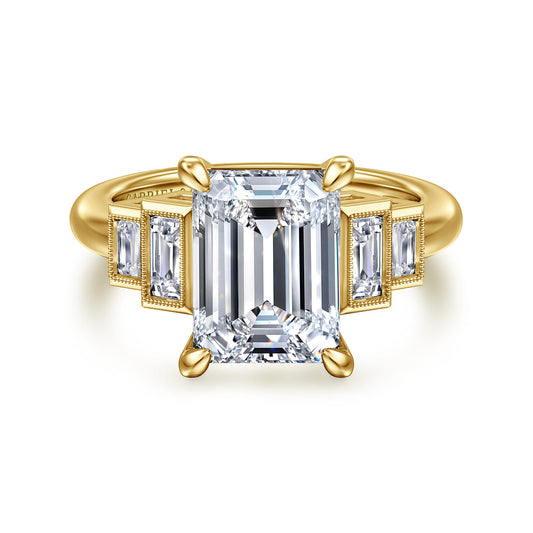 14K Yellow Gold Emerald Cut Five Stone Diamond Engagement Ring — Gabriel & Co. ER16852E16Y43JJ; center stone shown for illustration, not included