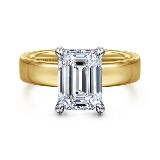 14K White-Yellow Gold Emerald Cut Solitaire Diamond Engagement Ring — Gabriel & Co. ER16854E12M44JJ; center stone shown for illustration, not included