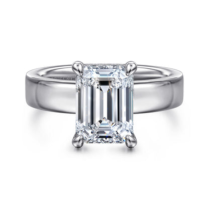 14K White Gold Emerald Cut Solitaire Diamond Engagement Ring — Gabriel & Co. ER16854E12W44JJ; center stone shown for illustration, not included
