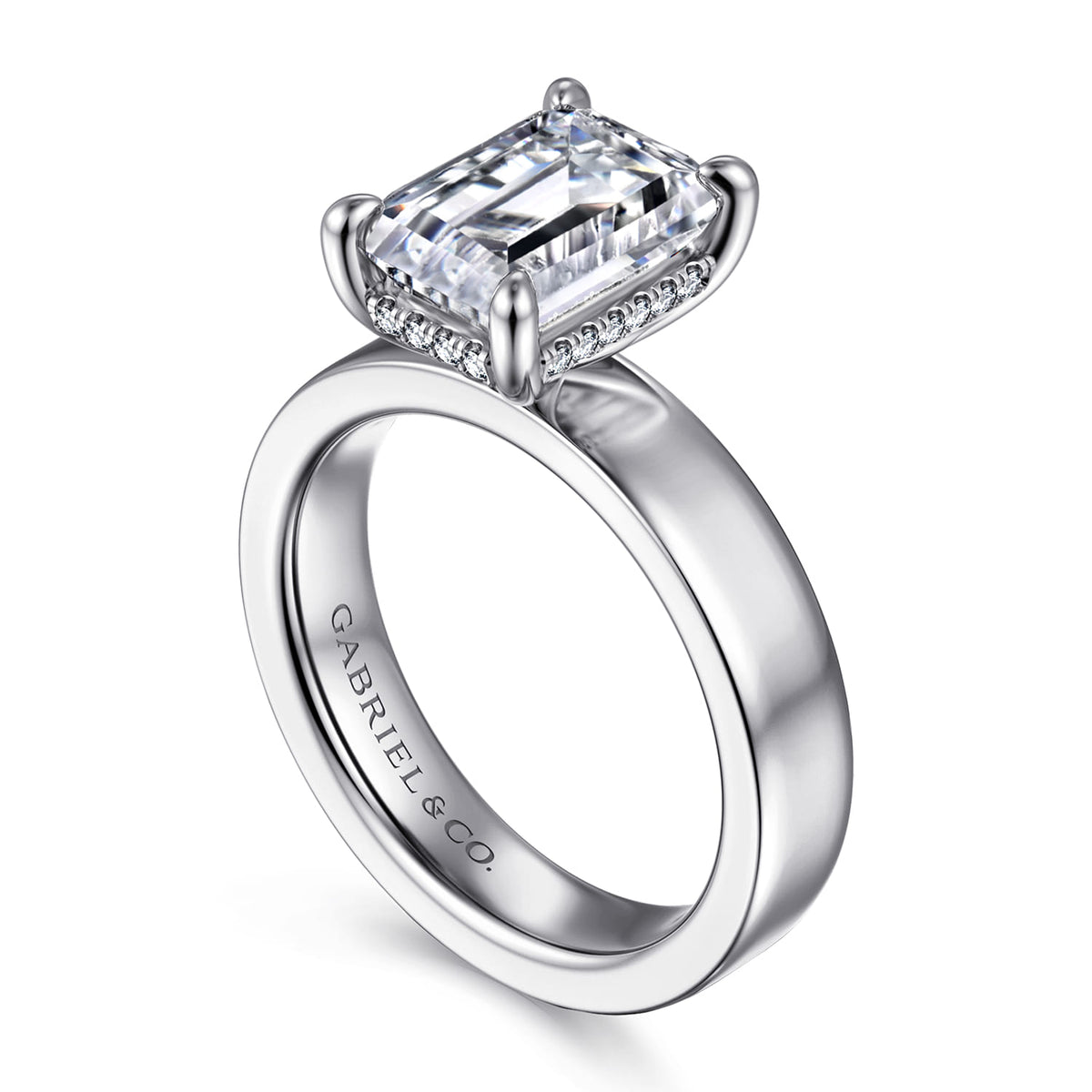 14K White Gold Emerald Cut Solitaire Diamond Engagement Ring — Gabriel & Co. ER16854E12W44JJ; center stone shown for illustration, not included