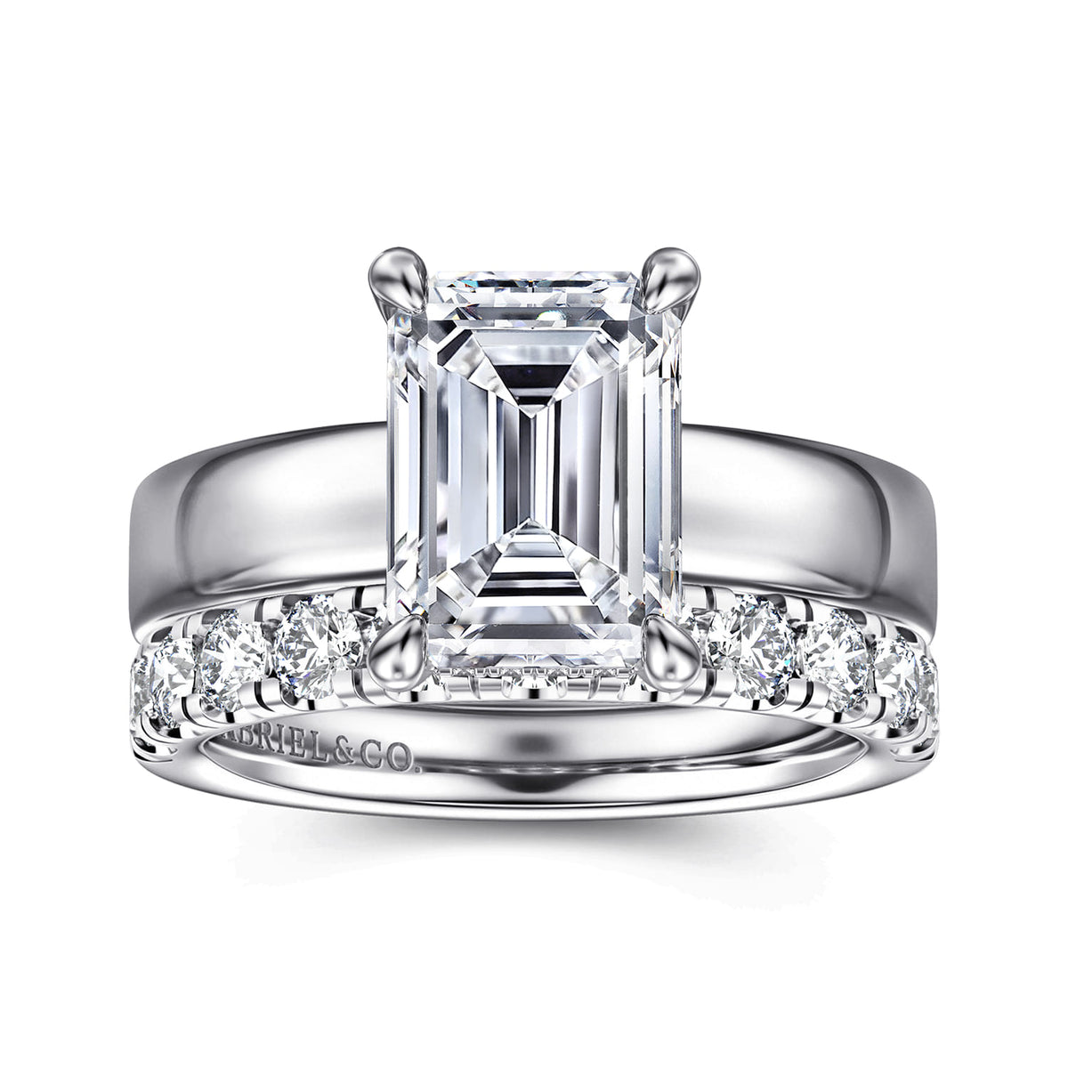 14K White Gold Emerald Cut Solitaire Diamond Engagement Ring — Gabriel & Co. ER16854E12W44JJ; center stone shown for illustration, not included