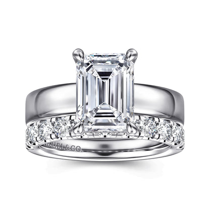 14K White Gold Emerald Cut Solitaire Diamond Engagement Ring — Gabriel & Co. ER16854E12W44JJ; center stone shown for illustration, not included