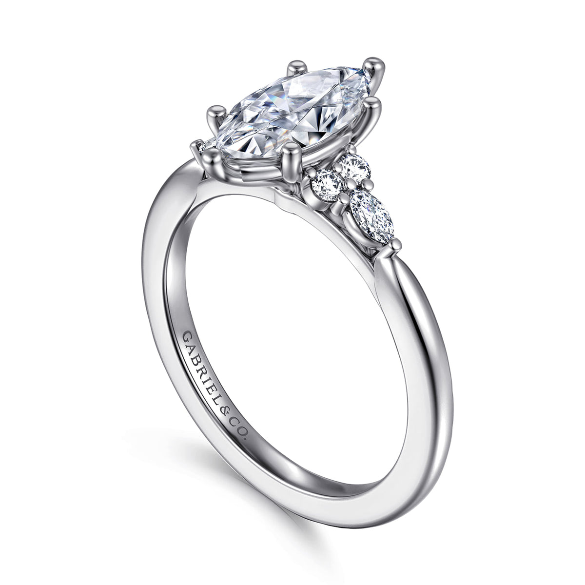 14K White Gold 6 Prong Marquise Shape Diamond Engagement Ring — Gabriel & Co. ER16855M5W44JJ; center stone shown for illustration, not included