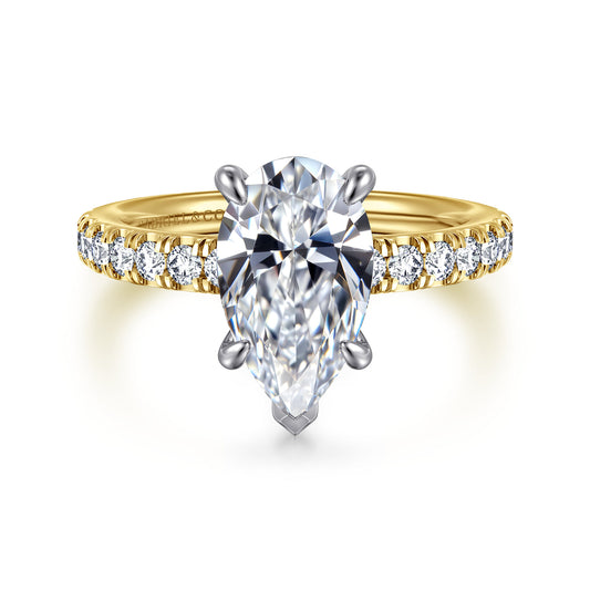14K White-Yellow Gold Pear Shape Diamond Engagement Ring — Gabriel & Co. ER16856P10M44JJ; center stone shown for illustration, not included
