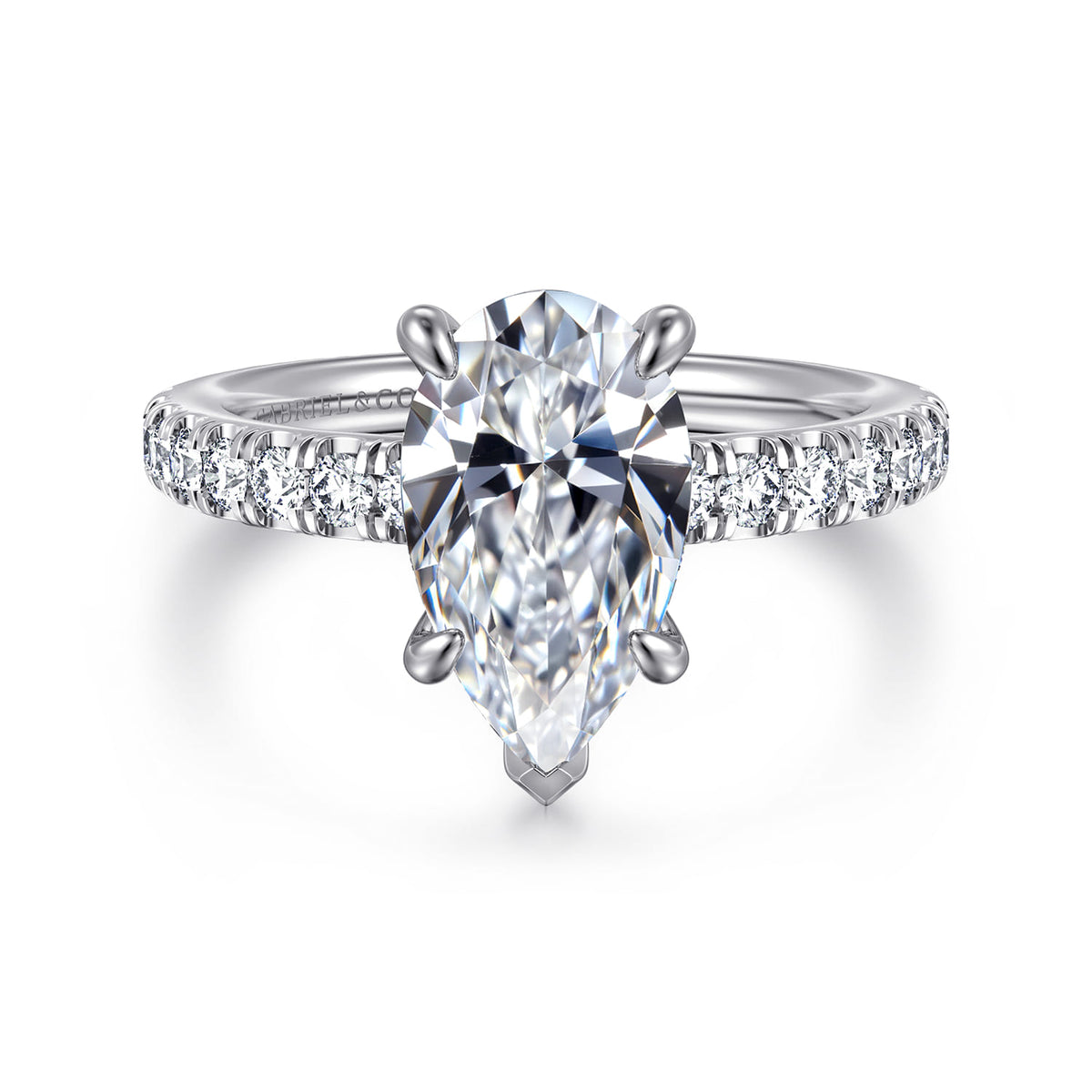 14K White Gold Pear Shape Diamond Engagement Ring — Gabriel & Co. ER16856P10W44JJ; center stone shown for illustration, not included