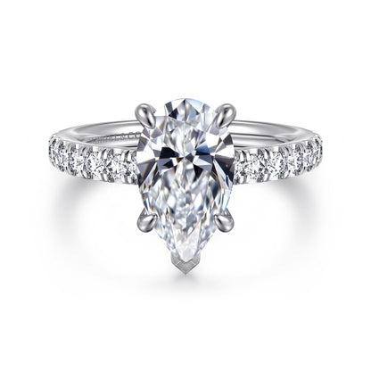 14K White Gold Pear Shape Diamond Engagement Ring — Gabriel & Co. ER16856P10W44JJ; center stone shown for illustration, not included
