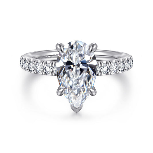 14K White Gold Pear Shape Diamond Engagement Ring — Gabriel & Co. ER16856P10W44JJ; center stone shown for illustration, not included