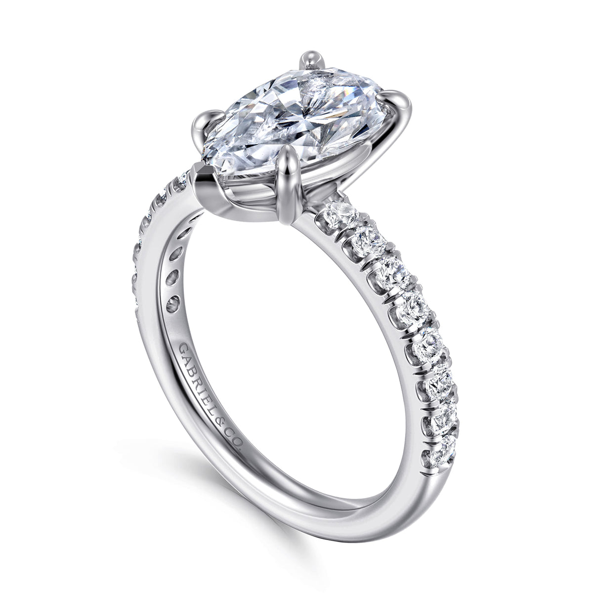 14K White Gold Pear Shape Diamond Engagement Ring — Gabriel & Co. ER16856P10W44JJ; center stone shown for illustration, not included