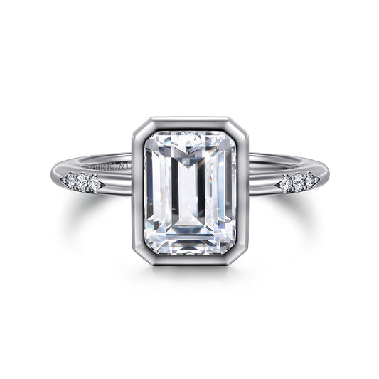 14K White Gold Bezel Set Emerald Cut Diamond Engagement Ring — Gabriel & Co. ER16857E10W44JJ; center stone shown for illustration, not included