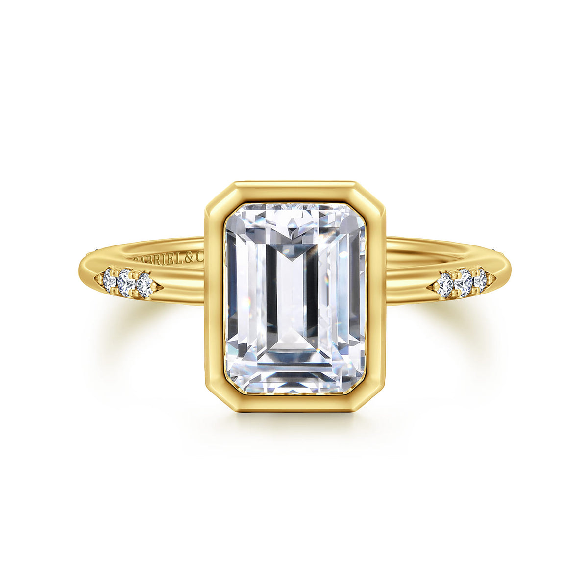 14K Yellow Gold Bezel Set Emerald Cut Diamond Engagement Ring — Gabriel & Co. ER16857E10Y44JJ; center stone shown for illustration, not included