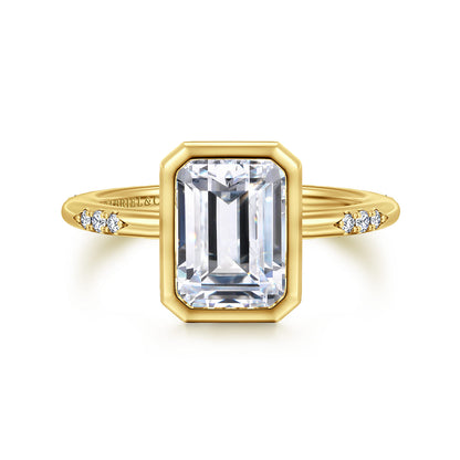 14K Yellow Gold Bezel Set Emerald Cut Diamond Engagement Ring — Gabriel & Co. ER16857E10Y44JJ; center stone shown for illustration, not included