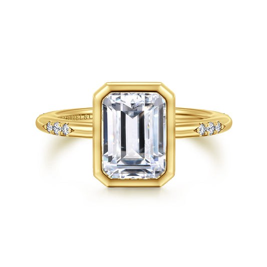 14K Yellow Gold Bezel Set Emerald Cut Diamond Engagement Ring — Gabriel & Co. ER16857E10Y44JJ; center stone shown for illustration, not included
