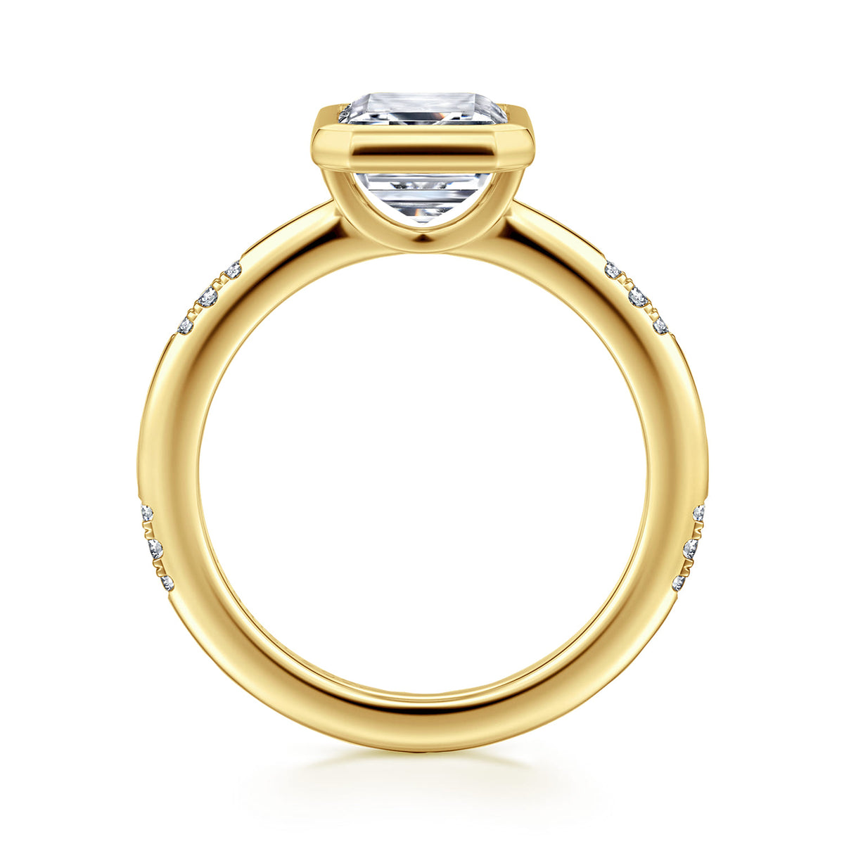 14K Yellow Gold Bezel Set Emerald Cut Diamond Engagement Ring — Gabriel & Co. ER16857E10Y44JJ; center stone shown for illustration, not included
