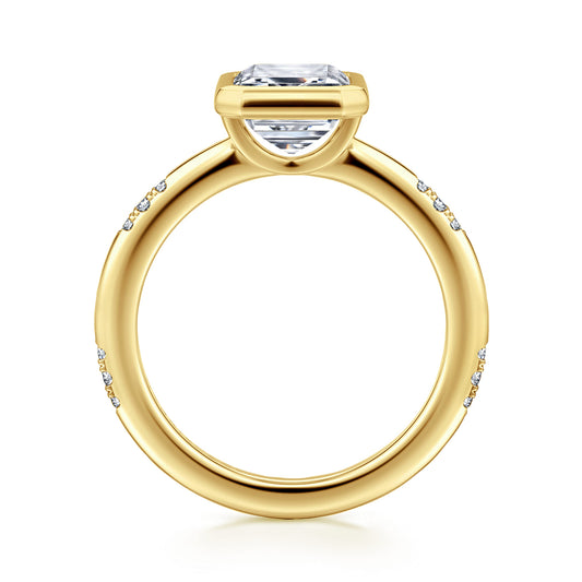 14K Yellow Gold Bezel Set Emerald Cut Diamond Engagement Ring — Gabriel & Co. ER16857E10Y44JJ; center stone shown for illustration, not included