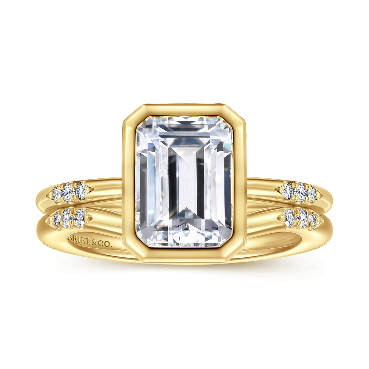 14K Yellow Gold Bezel Set Emerald Cut Diamond Engagement Ring — Gabriel & Co. ER16857E10Y44JJ; center stone shown for illustration, not included