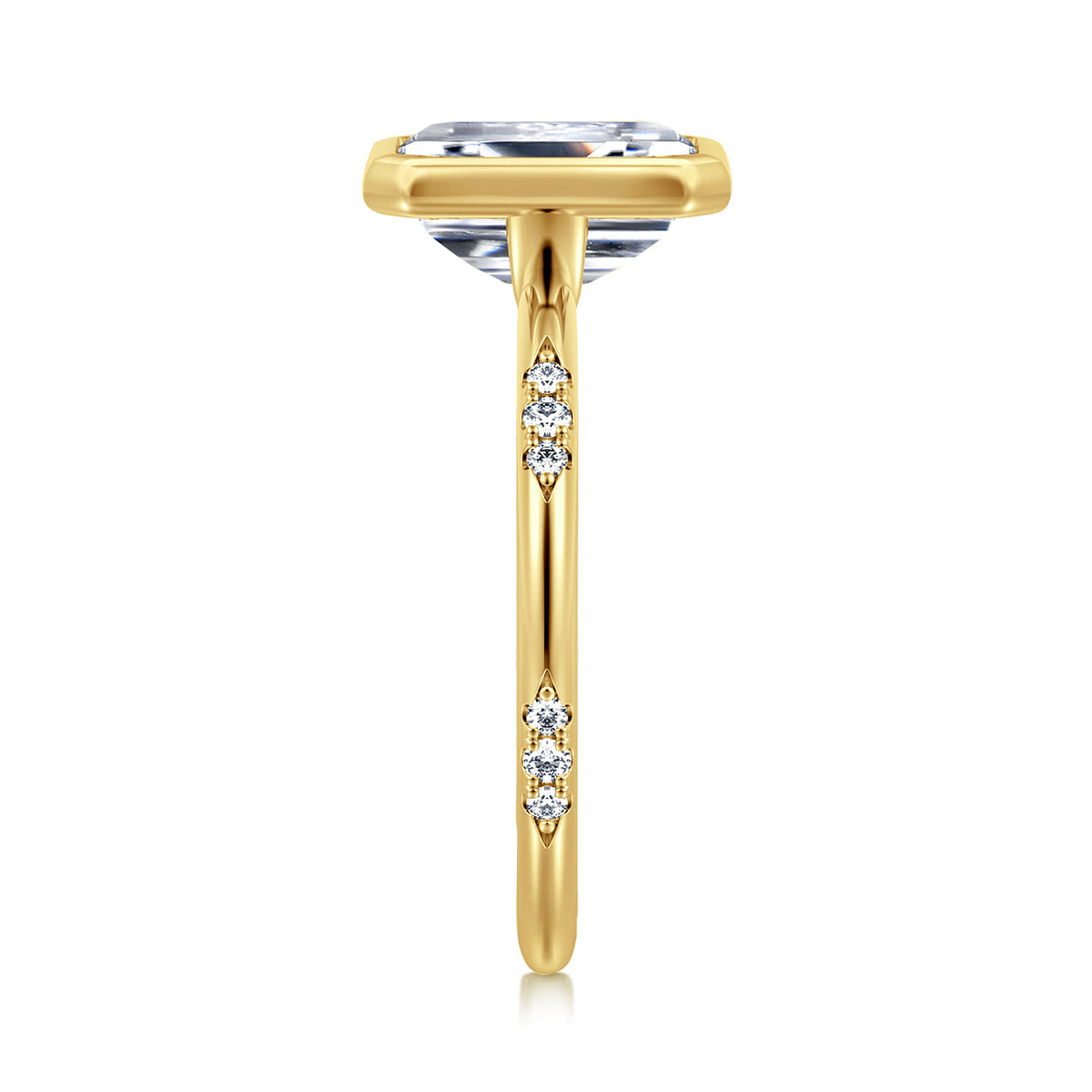 14K Yellow Gold Bezel Set Emerald Cut Diamond Engagement Ring — Gabriel & Co. ER16857E10Y44JJ; center stone shown for illustration, not included
