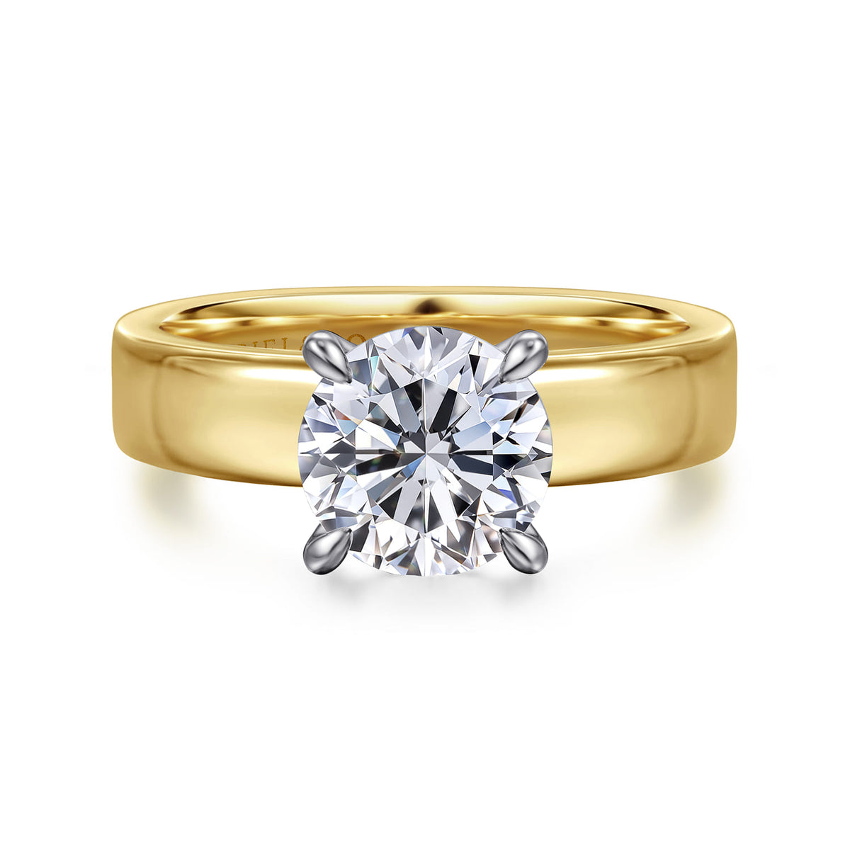 14K White-Yellow Gold Round Solitaire Diamond Engagement Ring — Gabriel & Co. ER16859R8M4JJJ; center stone shown for illustration, not included