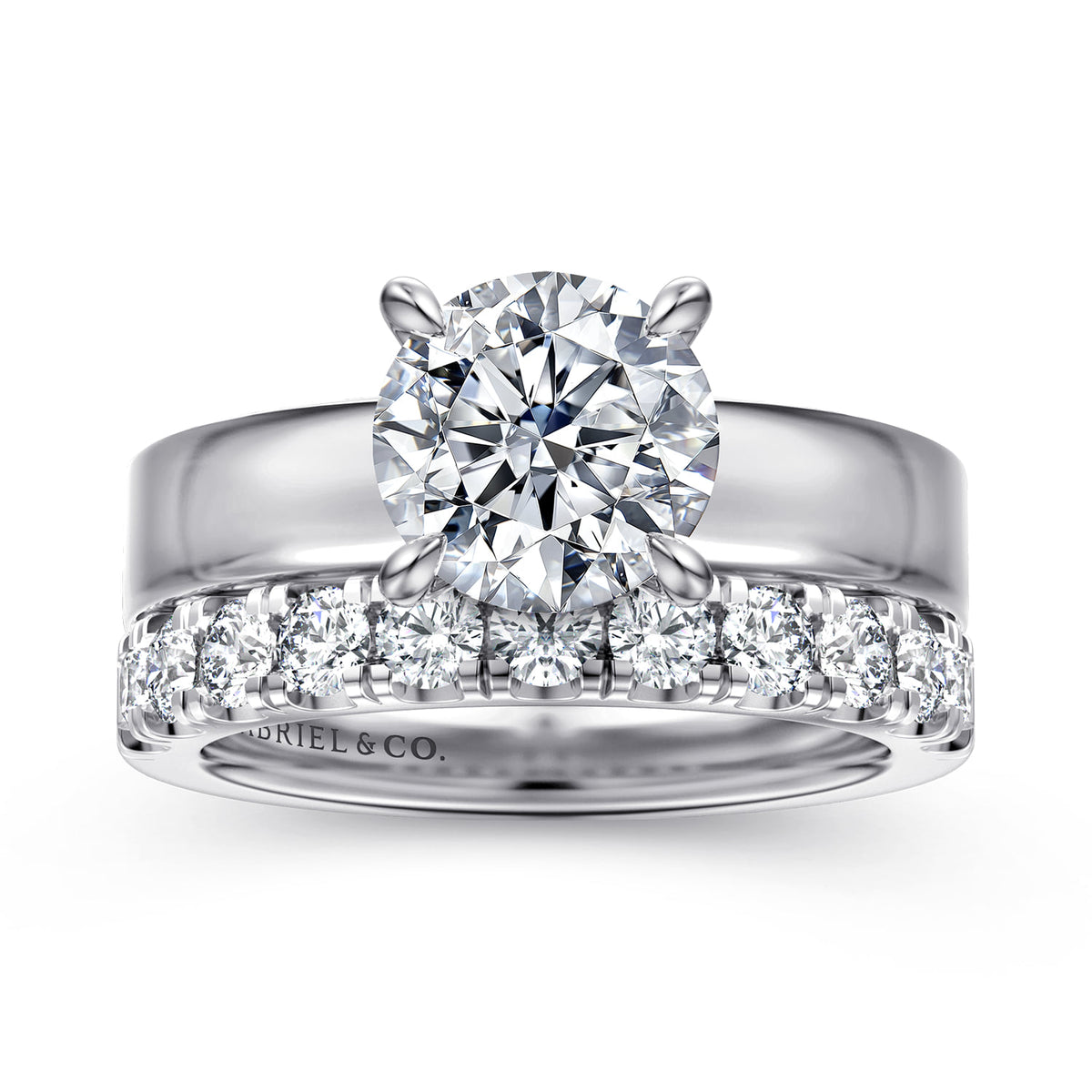 14K White Gold Round Solitaire Diamond Engagement Ring — Gabriel & Co. ER16859R8W4JJJ; center stone shown for illustration, not included