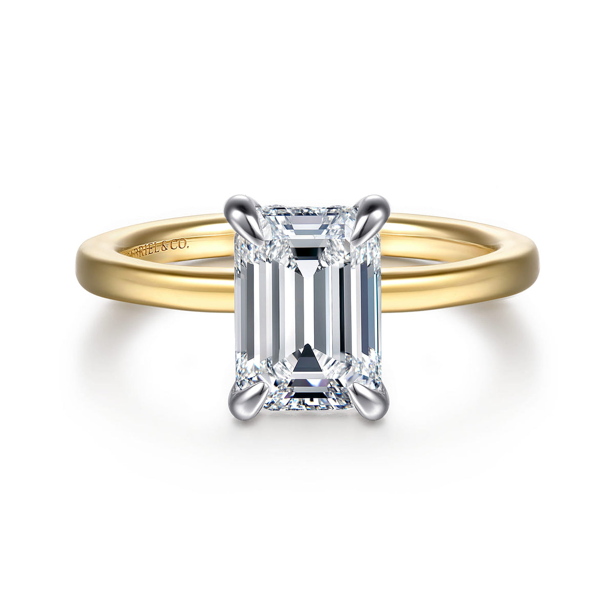 14K White-Yellow Gold Emerald Cut Solitaire Diamond Engagement Ring — Gabriel & Co. ER16860E8M44JJ; center stone shown for illustration, not included