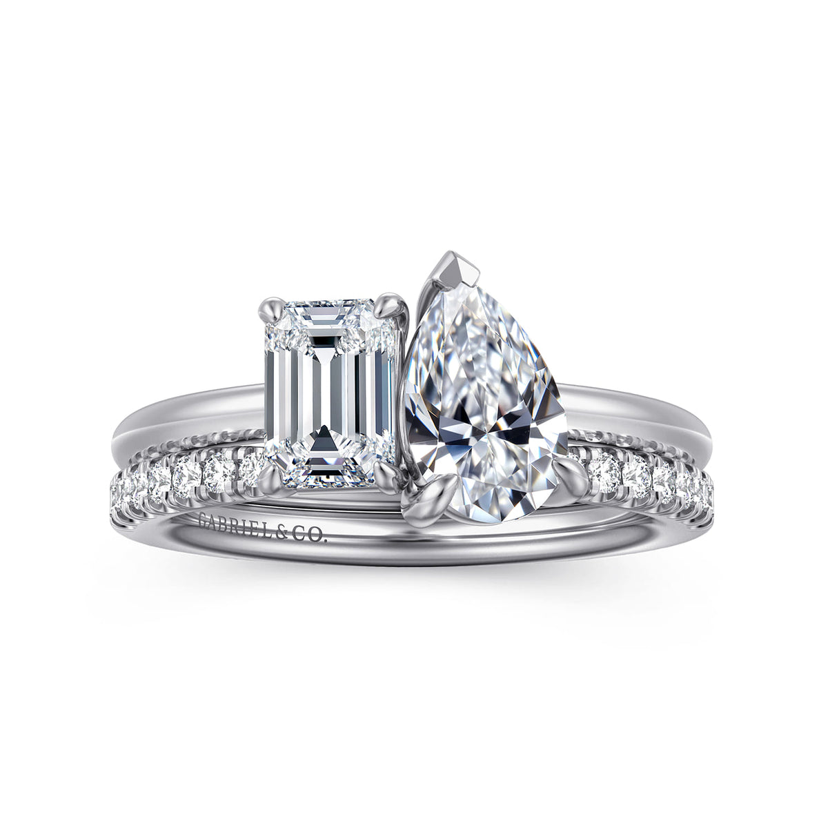 14K White Gold Toi et Moi Pear Shape Diamond Engagement Ring — Gabriel & Co. ER16863P4W43JJ; center stone shown for illustration, not included