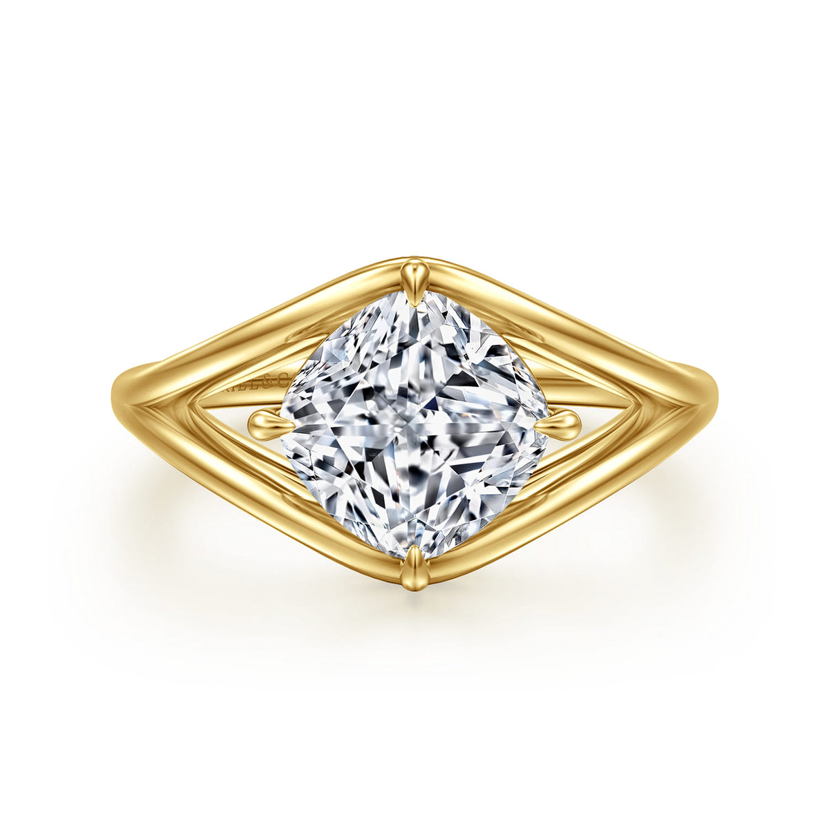 14K Yellow Gold Split Shank Compass Prong Cushion Cut Diamond Engagement Ring — Gabriel & Co. ER16872C12Y44JJ; center stone shown for illustration, not included