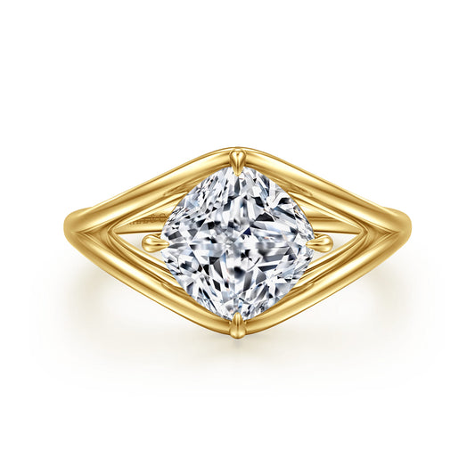 14K Yellow Gold Split Shank Compass Prong Cushion Cut Diamond Engagement Ring — Gabriel & Co. ER16872C12Y44JJ; center stone shown for illustration, not included