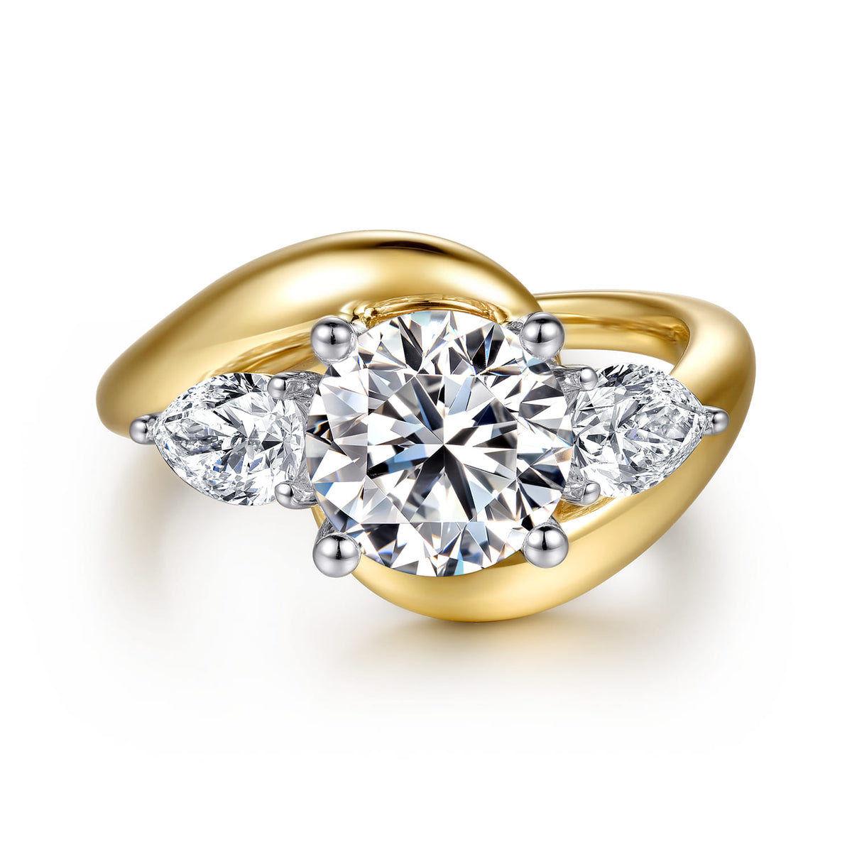 14K White-Yellow Gold Bypass Round Three Stone Diamond Engagement Ring — Gabriel & Co. ER16892R8M44JJ; center stone shown for illustration, not included