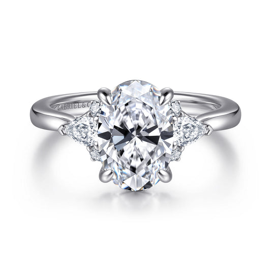 14K White Gold Oval Three Stone Diamond Engagement Ring — Gabriel & Co. ER16893O8W44JJ; center stone shown for illustration, not included