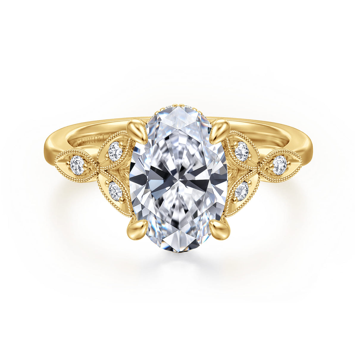 Vintage Inspired 14K Yellow Gold Oval Diamond Engagement Ring — Gabriel & Co. ER16895O8Y44JJ; center stone shown for illustration, not included