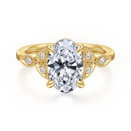 Vintage Inspired 14K Yellow Gold Oval Diamond Engagement Ring — Gabriel & Co. ER16895O8Y44JJ; center stone shown for illustration, not included
