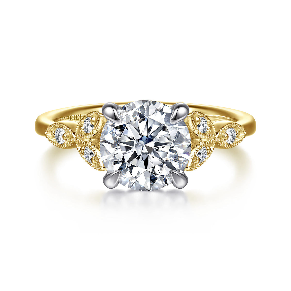 Vintage Inspired 14K White-Yellow Gold Round Diamond Engagement Ring — Gabriel & Co. ER16895R8M44JJ; center stone shown for illustration, not included