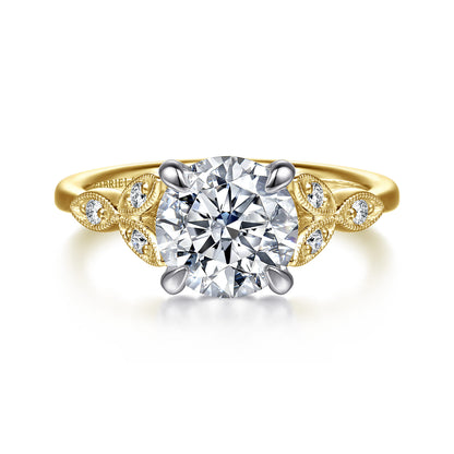 Vintage Inspired 14K White-Yellow Gold Round Diamond Engagement Ring — Gabriel & Co. ER16895R8M44JJ; center stone shown for illustration, not included