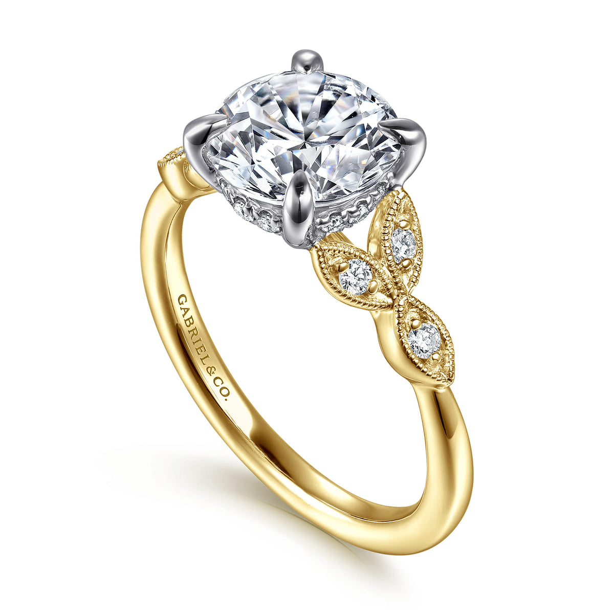 Vintage Inspired 14K White-Yellow Gold Round Diamond Engagement Ring — Gabriel & Co. ER16895R8M44JJ; center stone shown for illustration, not included