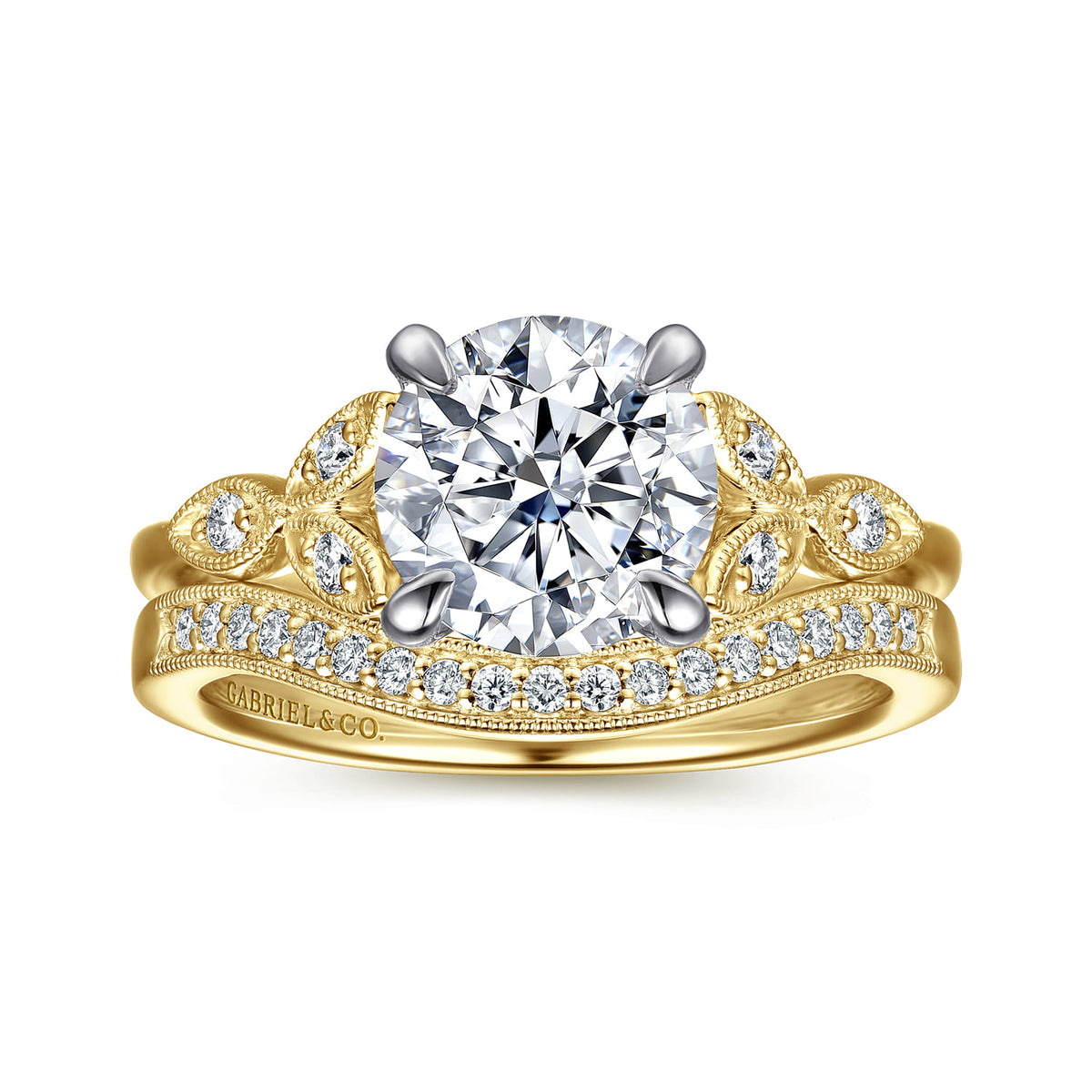 Vintage Inspired 14K White-Yellow Gold Round Diamond Engagement Ring — Gabriel & Co. ER16895R8M44JJ; center stone shown for illustration, not included