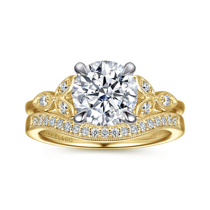 Vintage Inspired 14K White-Yellow Gold Round Diamond Engagement Ring — Gabriel & Co. ER16895R8M44JJ; center stone shown for illustration, not included