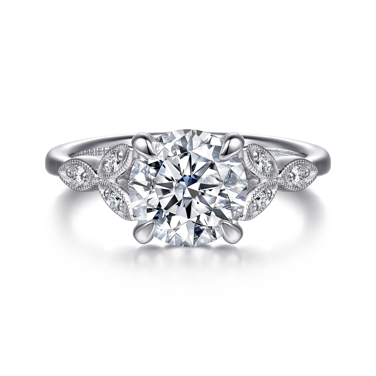 Vintage Inspired 14K White Gold Round Diamond Engagement Ring — Gabriel & Co. ER16895R8W44JJ; center stone shown for illustration, not included