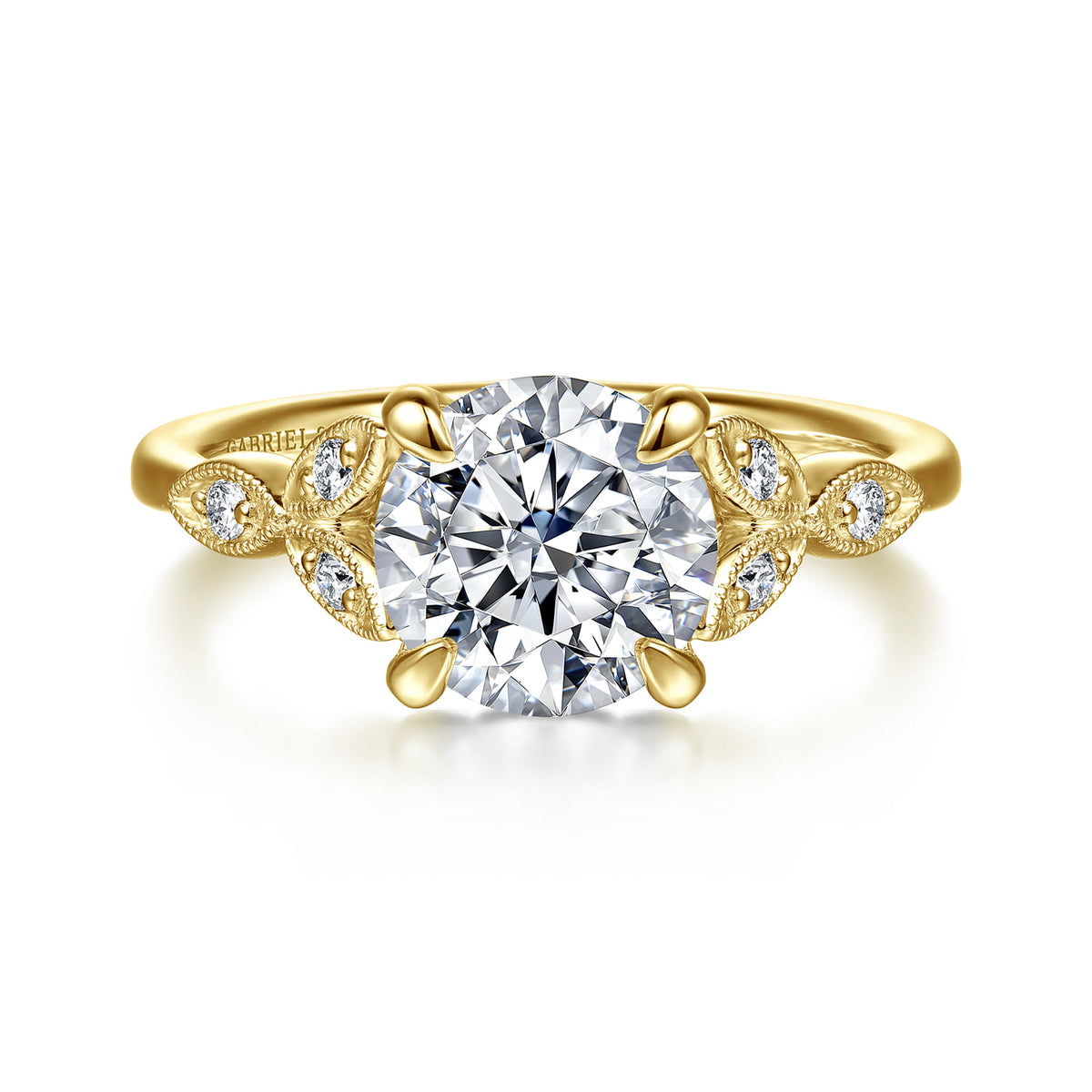Vintage Inspired 14K Yellow Gold Round Diamond Engagement Ring — Gabriel & Co. ER16895R8Y44JJ; center stone shown for illustration, not included
