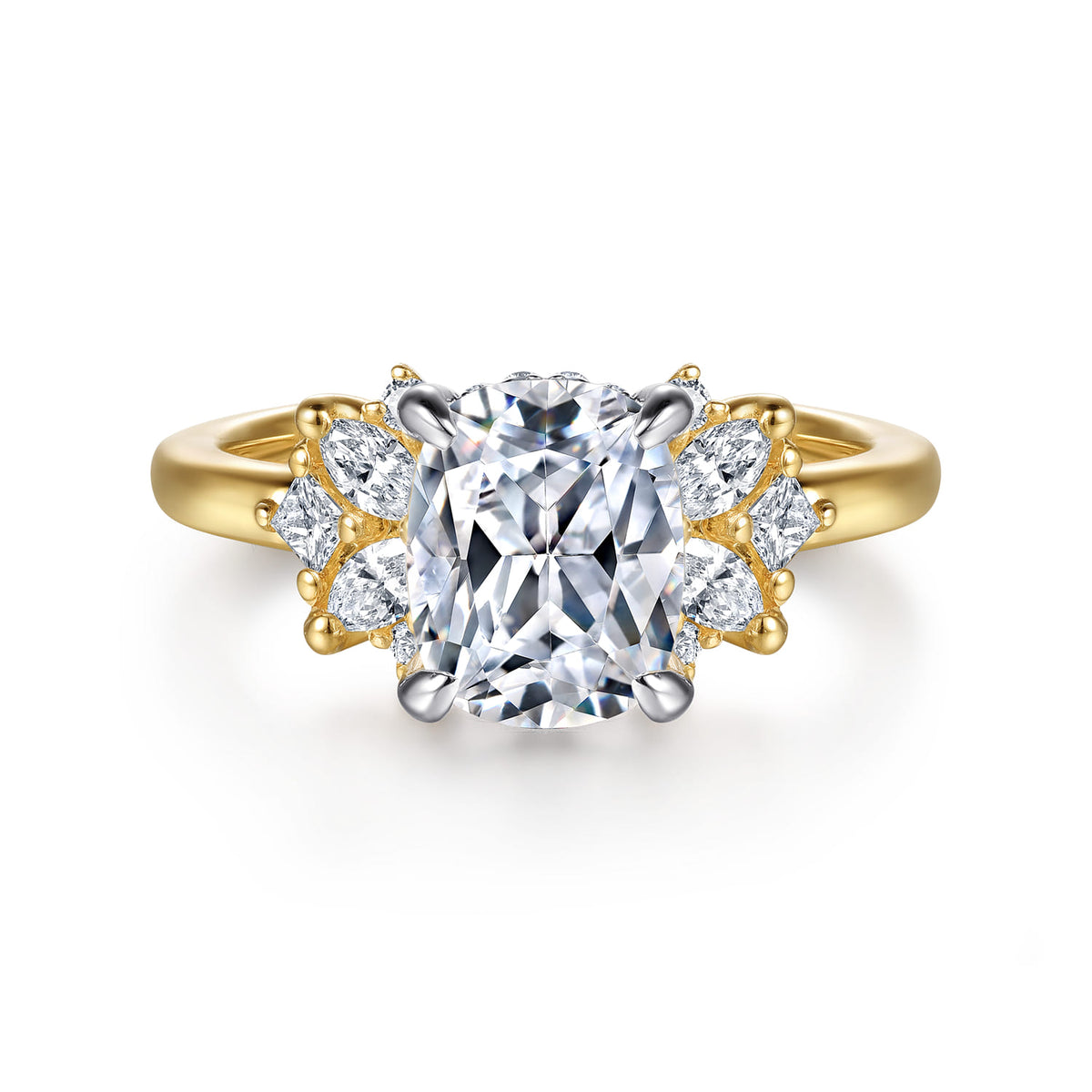 14K White-Yellow Gold Elongated Cushion Diamond Engagement Ring — Gabriel & Co. ER16902G8M44JJ; center stone shown for illustration, not included