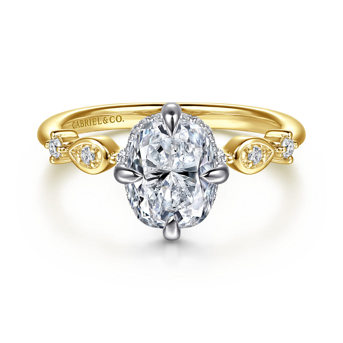 14K White-Yellow Gold Compass Prong Elongated Cushion Diamond Engagement Ring — Gabriel & Co. ER16906G8M44JJ; center stone shown for illustration, not included