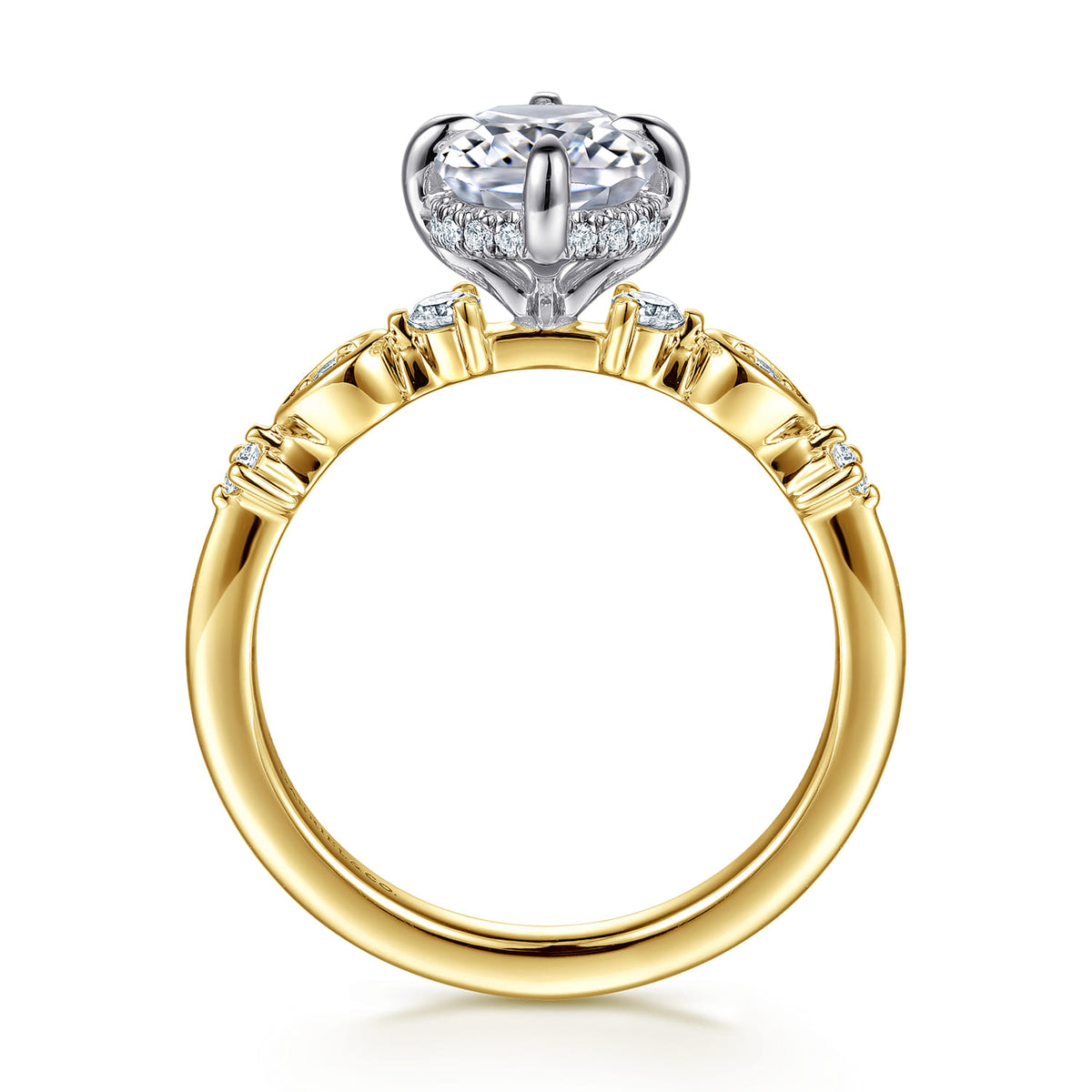 14K White-Yellow Gold Compass Prong Elongated Cushion Diamond Engagement Ring — Gabriel & Co. ER16906G8M44JJ; center stone shown for illustration, not included