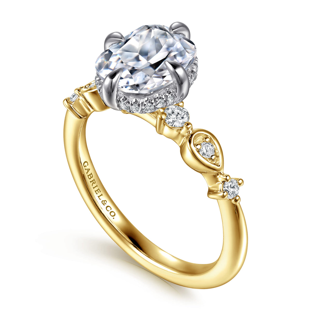 14K White-Yellow Gold Compass Prong Elongated Cushion Diamond Engagement Ring — Gabriel & Co. ER16906G8M44JJ; center stone shown for illustration, not included