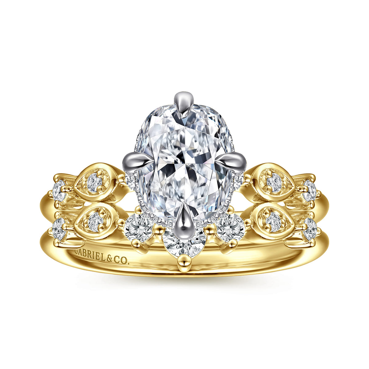 14K White-Yellow Gold Compass Prong Elongated Cushion Diamond Engagement Ring — Gabriel & Co. ER16906G8M44JJ; center stone shown for illustration, not included