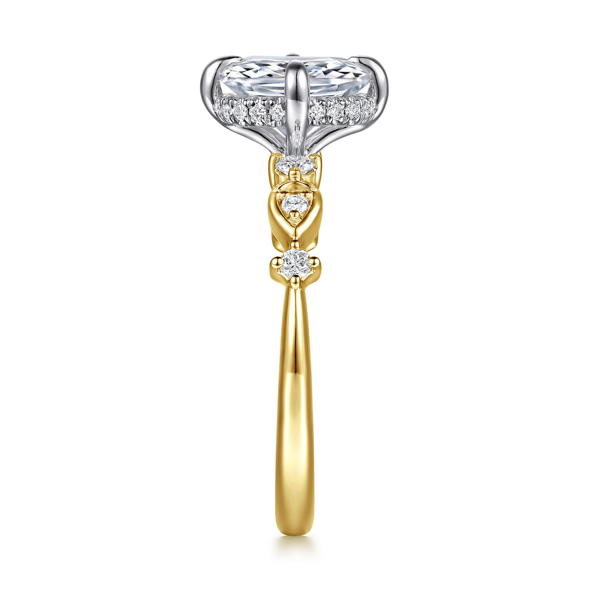 14K White-Yellow Gold Compass Prong Elongated Cushion Diamond Engagement Ring — Gabriel & Co. ER16906G8M44JJ; center stone shown for illustration, not included