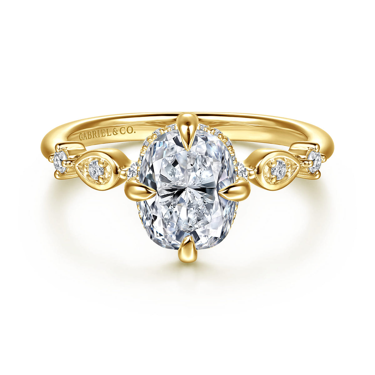 14K Yellow Gold Compass Prong Elongated Cushion Diamond Engagement Ring — Gabriel & Co. ER16906G8Y44JJ; center stone shown for illustration, not included