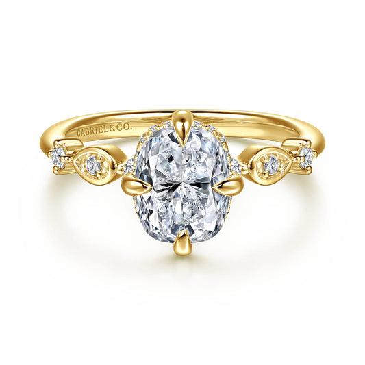 14K Yellow Gold Compass Prong Elongated Cushion Diamond Engagement Ring — Gabriel & Co. ER16906G8Y44JJ; center stone shown for illustration, not included